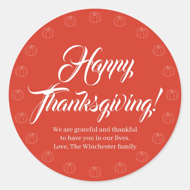 Happy Thanksgiving red script text cute pumpkin Classic Round Sticker (Front)