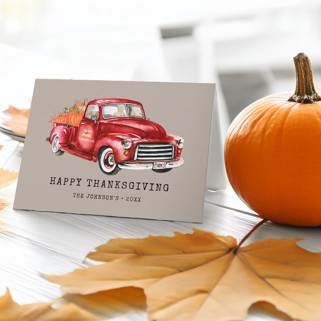 Happy Thanksgiving Red Truck Pumpkins Photo Holiday Card (Happy Thanksgiving Red Truck Pumpkins Photo Holiday Card)