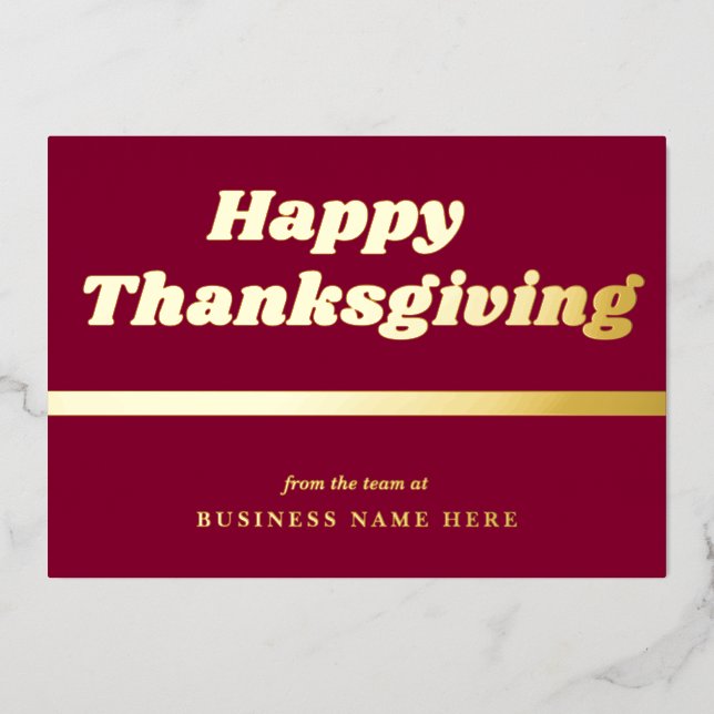 Happy Thanksgiving Retro Burgundy Gold Business Foil Holiday Card (Front)