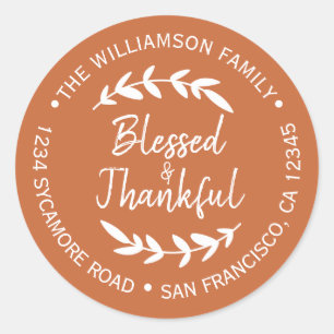 Happy Thanksgiving Return Address Burnt Orange Classic Round Sticker