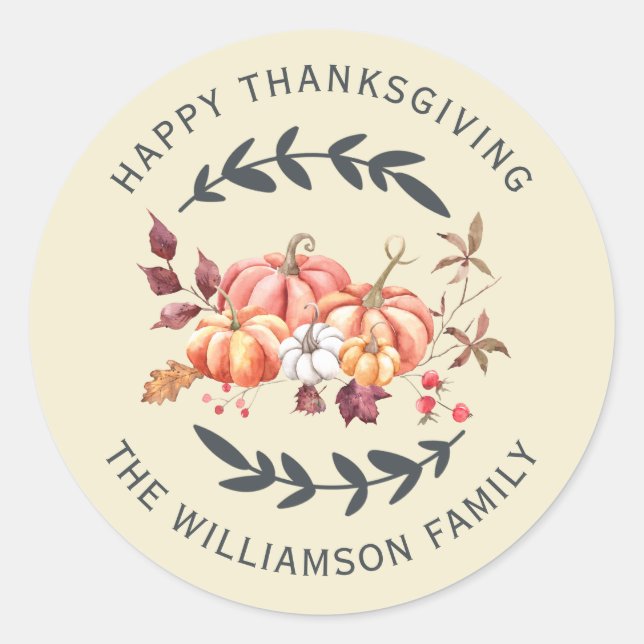 Happy Thanksgiving Return Address Off-White Classic Round Sticker (Front)