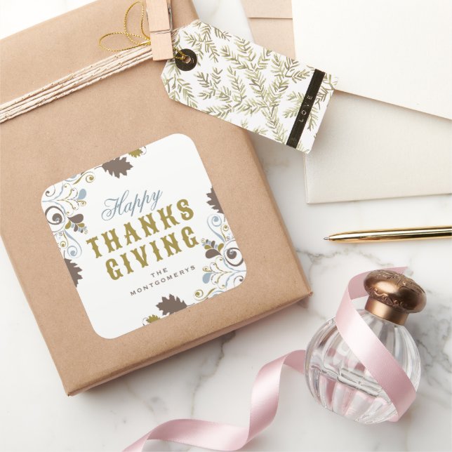 Happy Thanksgiving Rustic Autumn Leaves And Swirls Square Sticker (Gifting)