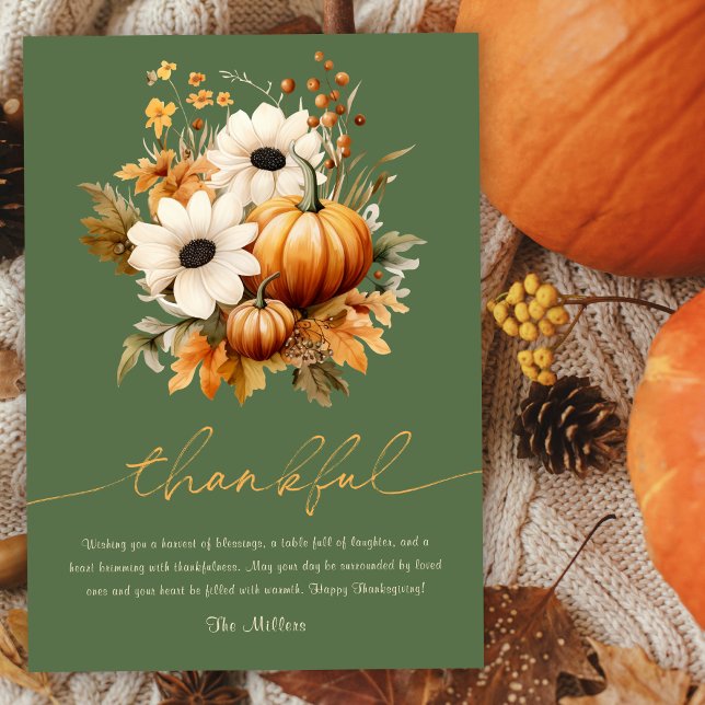 Happy Thanksgiving Rustic Floral Olive Green Holiday Card (Creator Uploaded)