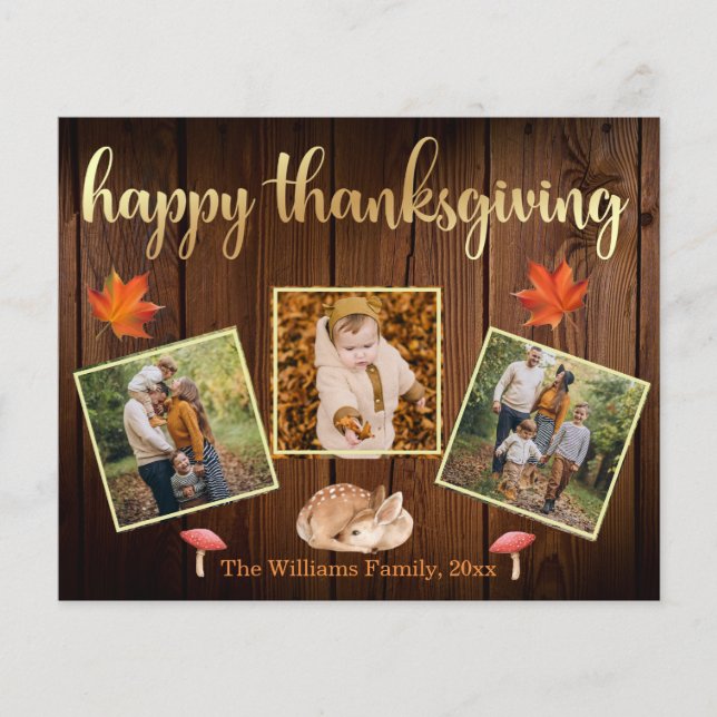 happy thanksgiving rustic gold photos collage card (Front)