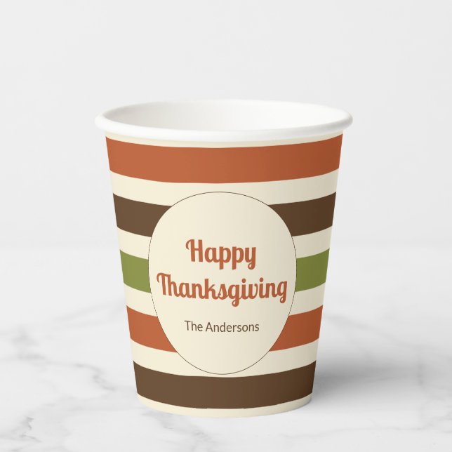 Happy Thanksgiving Script Autumn Colours Stripes Paper Cups (Front)