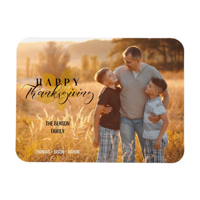Happy Thanksgiving Script Leaves Family Photo Magnet (Horizontal)