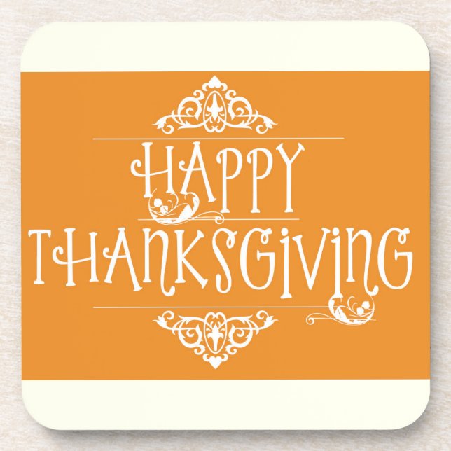 Happy Thanksgiving Script Orange Coaster (Front)
