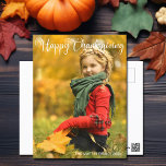 Happy Thanksgiving Script Overlay Family Photo Postcard<br><div class="desc">Elegant Happy Thanksgiving photo postcard with beautiful cursive typography in white over your fall photograph. This modern fall family photograph folded card features gorgeous script and your name in white over the full bleed seasonal holiday picture.</div>