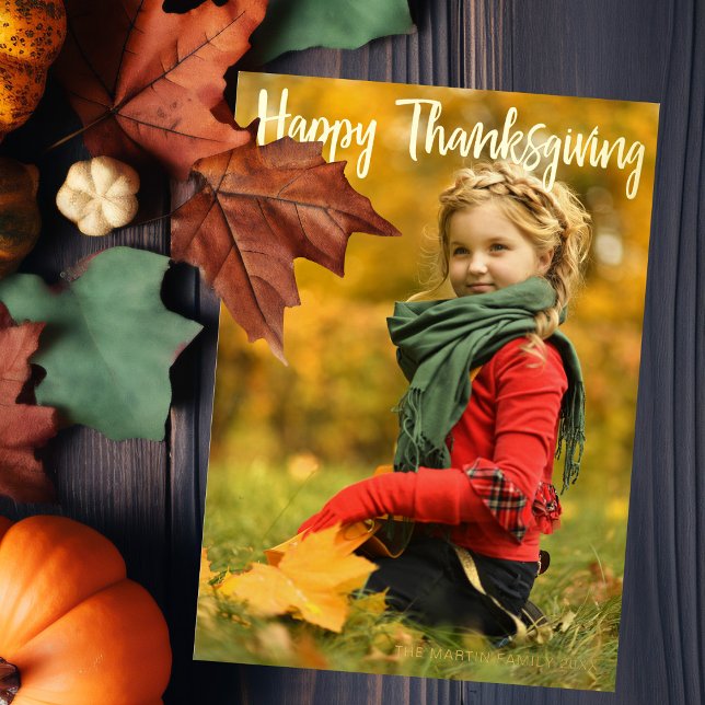 Happy Thanksgiving Script Overlay Photo Chic Gold Foil Holiday Card (Creator Uploaded)