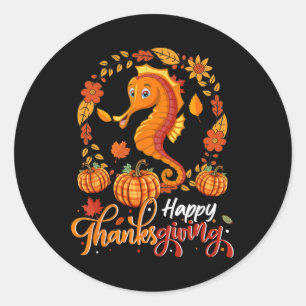 Happy Thanksgiving Seahorse In Leaves Pumpkins Flo Classic Round Sticker