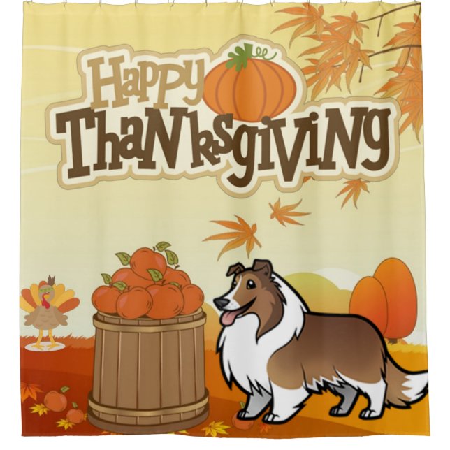 Happy Thanksgiving Shetland Sheepdog Shower Curtain (Front)