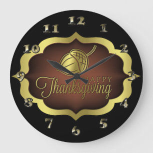 Happy Thanksgiving Shield with Acorn Large Clock