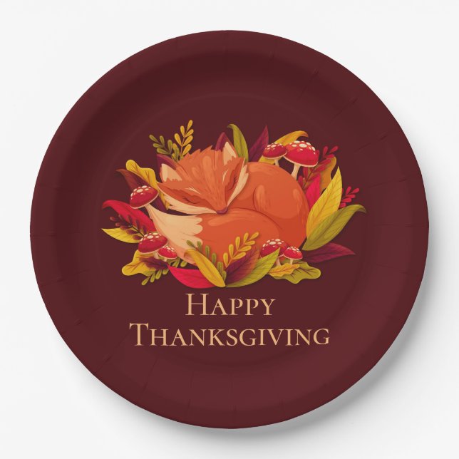 Happy Thanksgiving Sleeping Fox Paper Plate (Front)