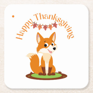 Happy Thanksgiving Smiling Fox Square Paper Coaster