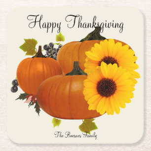 Happy Thanksgiving Square Drink Coasters Ecru