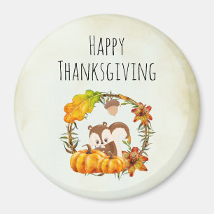 Happy Thanksgiving Squirrel in Floral Wreath Fall Magnet