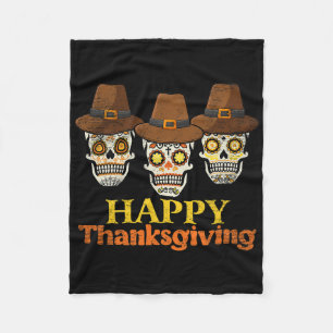 Happy Thanksgiving Sugar Skull Fall Halloween Cost Fleece Blanket