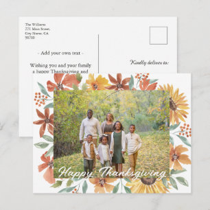 Happy Thanksgiving Sunflower Wreath Family Photo Holiday Postcard