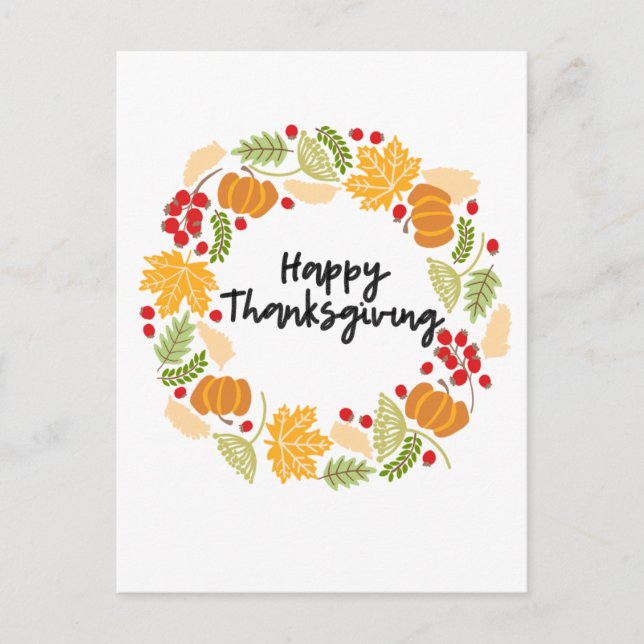 HAPPY THANKSGIVING, Thanksgiving Wreath, Cute Holiday Postcard (Front)