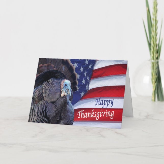 Happy Thanksgiving turkey and flag greeting card (Front)