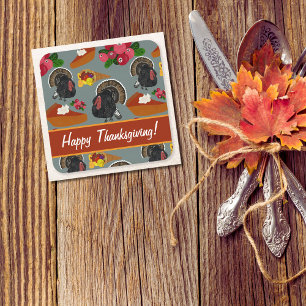 Happy Thanksgiving Turkey and Pumpkin Pie Square Paper Coaster