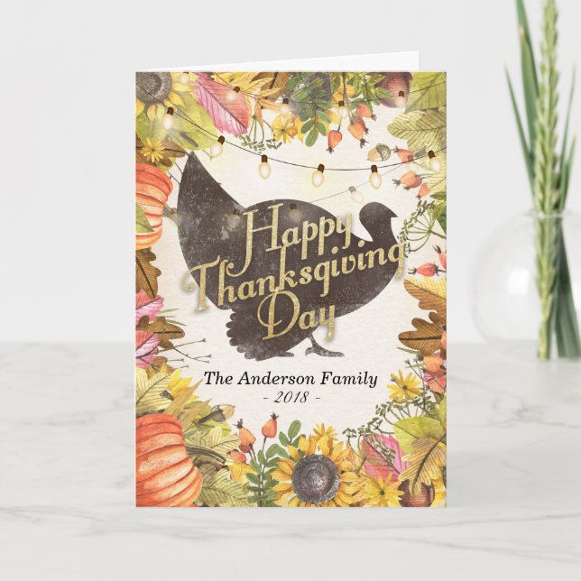 Happy Thanksgiving Turkey Autumn Leaves Pumpkins Holiday Card (Front)
