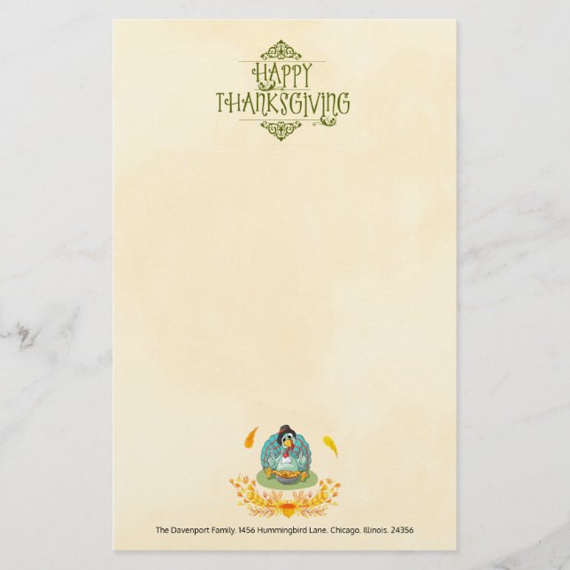 Happy Thanksgiving Turkey Eating Pumpkin Pie Stationery (Front)