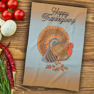 Happy Thanksgiving Turkey fanned Tail Orange Blue Tea Towel