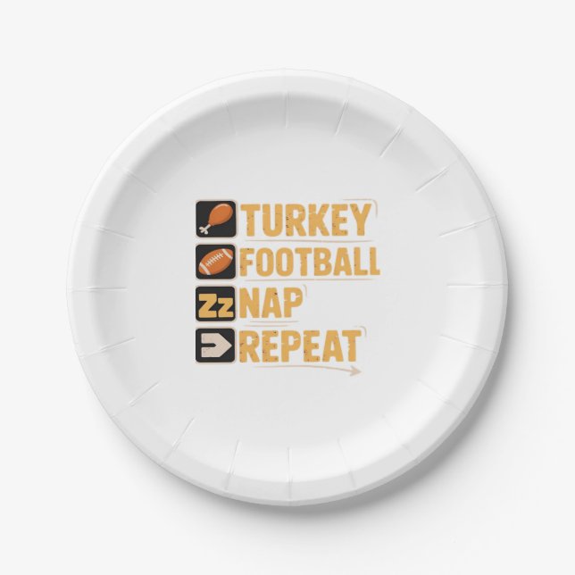 Happy Thanksgiving Turkey Football Nap Repeat Funn Paper Plate (Front)