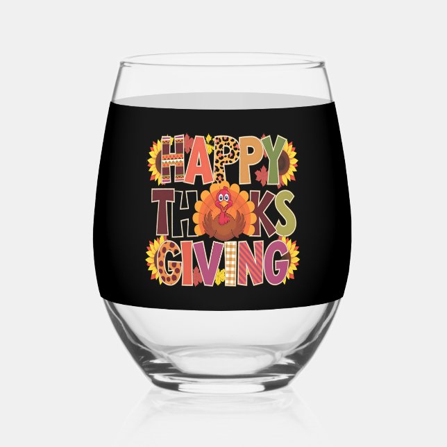 Happy Thanksgiving Turkey Funny Pumpkin Season Stemless Wine Glass (Front)