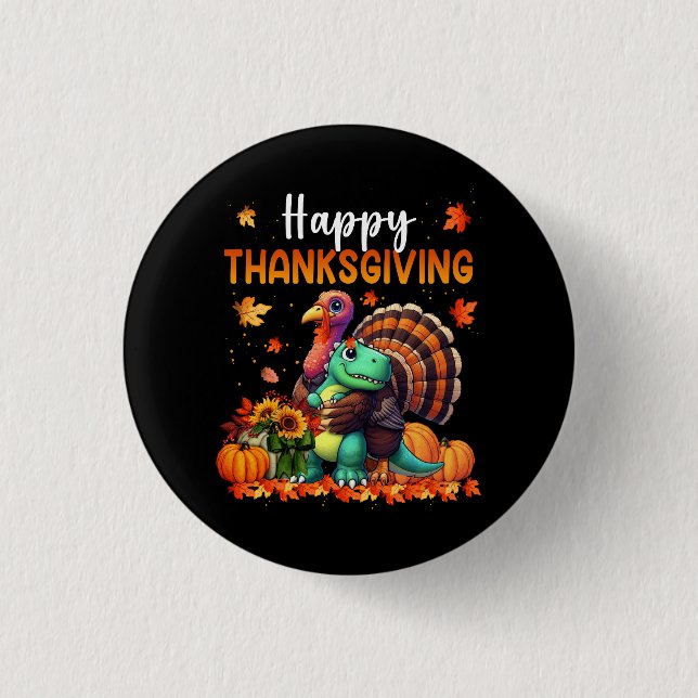 Happy Thanksgiving Turkey Hugging Dinosaur Friends 3 Cm Round Badge (Front)