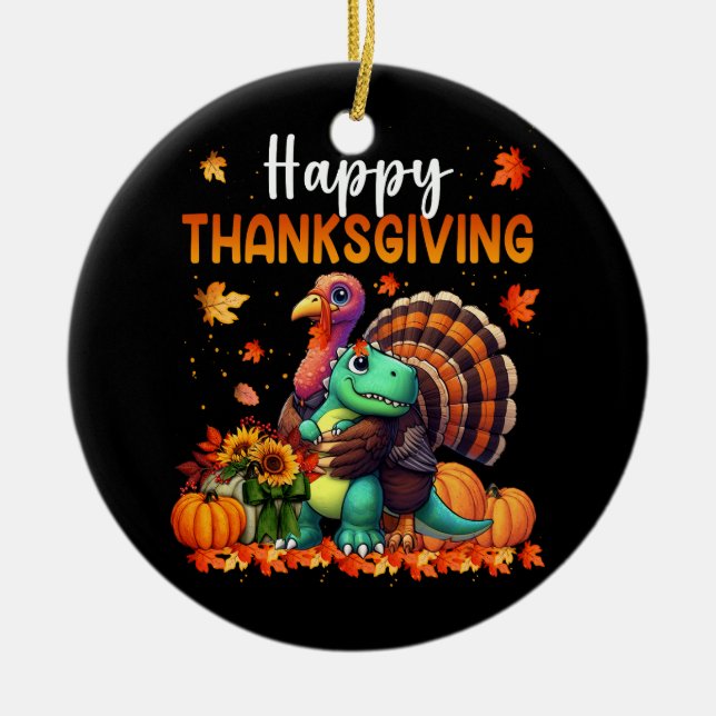 Happy Thanksgiving Turkey Hugging Dinosaur Friends Ceramic Ornament (Front)