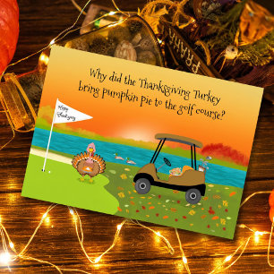 Happy Thanksgiving Turkey on Golf Course With Pie  Card