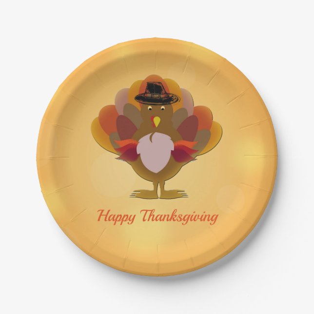 Happy Thanksgiving Turkey Orange Paper Plate (Front)