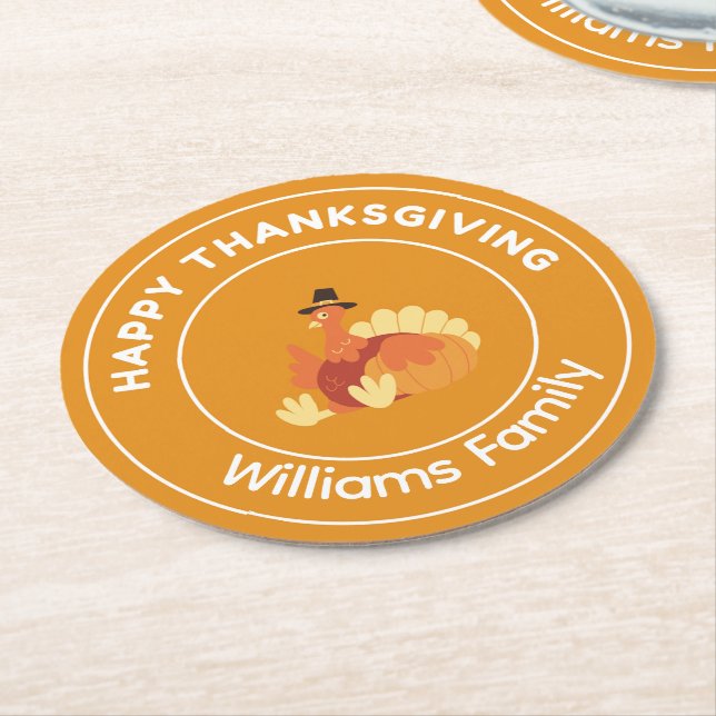 Happy Thanksgiving turkey orange Round Paper Coaster (Angled)