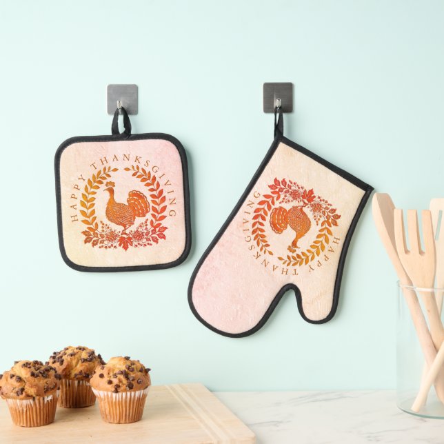 Happy Thanksgiving Turkey Oven Mitt & Pot Holder Set (Insitu(Hanging))
