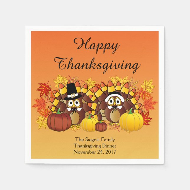 Happy Thanksgiving Turkey Owl Pilgrims Napkin (Front)