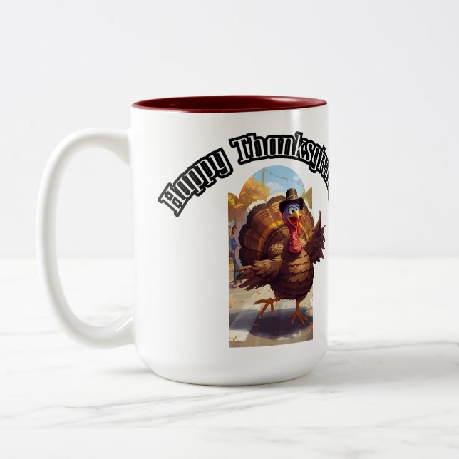 Happy Thanksgiving Turkey Parade Two-Tone Coffee Mug (Left)