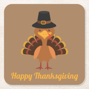 Happy Thanksgiving Turkey Personalized Square Paper Coaster