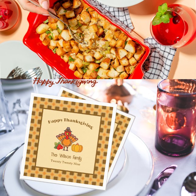 Happy Thanksgiving Turkey Pumpkin Gingham Pattern  Napkin (Creator Uploaded)