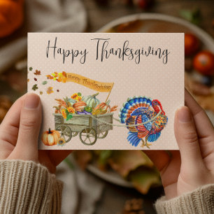 Happy Thanksgiving Turkey Pumpkin Wagon  Postcard