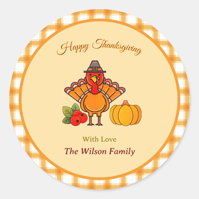 Happy Thanksgiving Turkey Pumpkin Yellow Orange Classic Round Sticker (Front)
