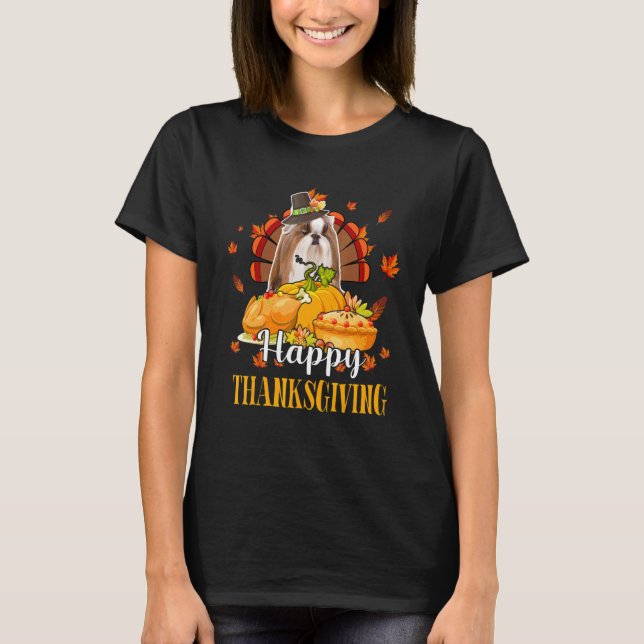 Happy Thanksgiving Turkey Shih Tzu Wearing Hat Fal T-Shirt (Front)