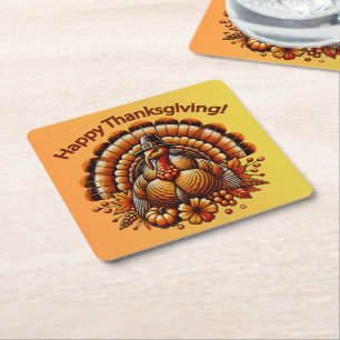 Happy Thanksgiving Turkey Square Paper Coaster