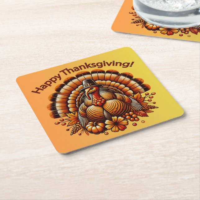 Happy Thanksgiving Turkey Square Paper Coaster (Angled)