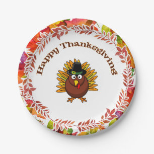 Happy Thanksgiving Turkey surrounded Fall Leaves   Paper Plate