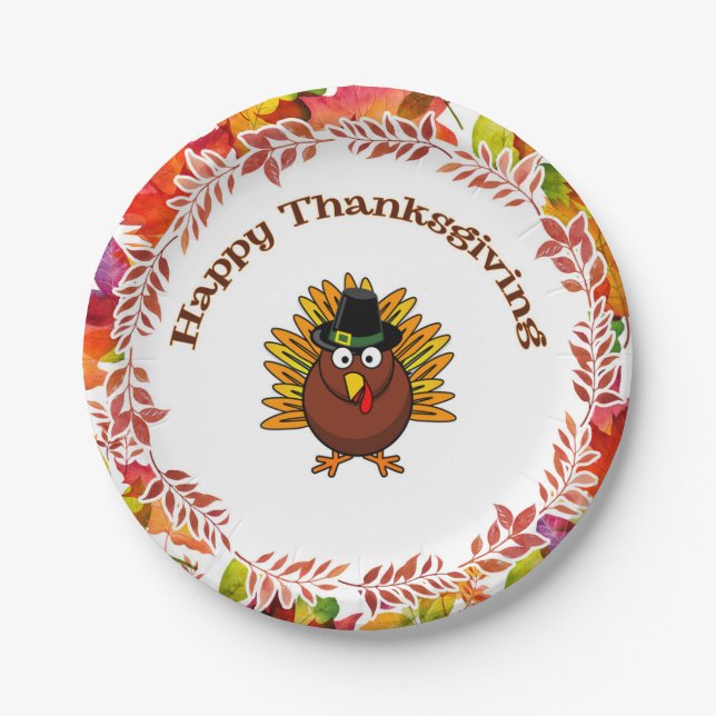 Happy Thanksgiving Turkey surrounded Fall Leaves   Paper Plate (Front)