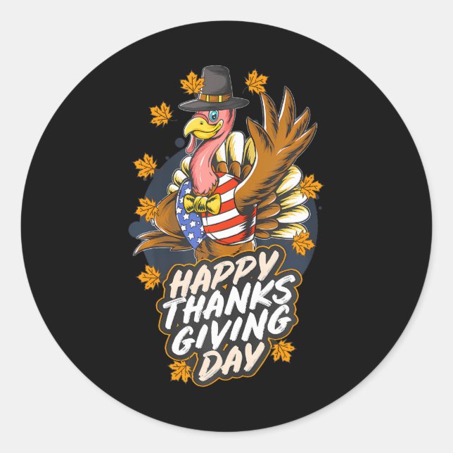 Happy Thanksgiving Turkey Waving Hand American Classic Round Sticker (Front)
