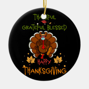 Happy thanksgiving Turkey With A Mask Thankful Ceramic Ornament