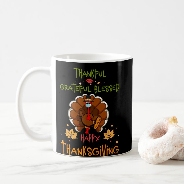 Happy thanksgiving Turkey With A Mask Thankful Coffee Mug (With Donut)